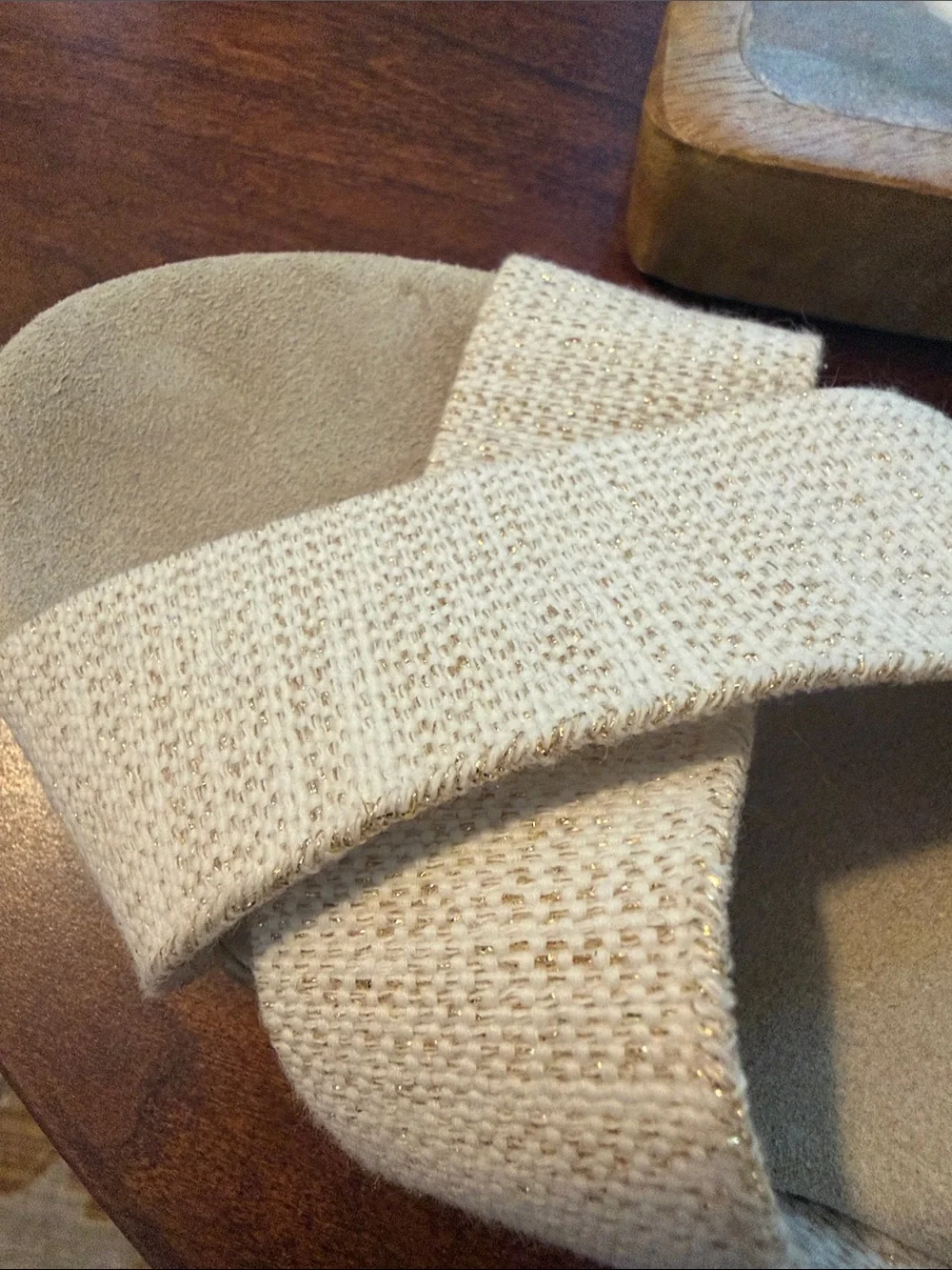 CHARLESTON SHOE CO. White and beige Crisscross Wedge Sandals